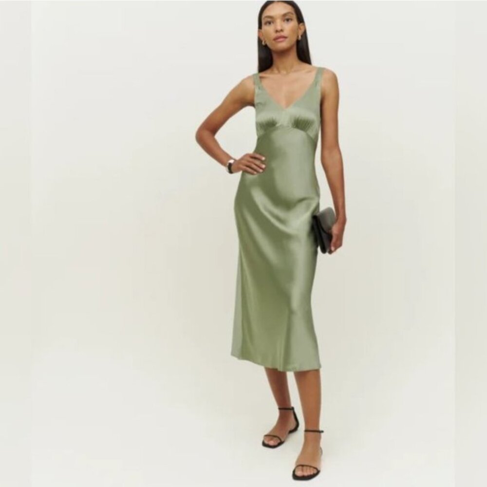 Reformation Daytona Silk Dress in Artichoke Green